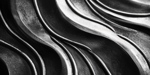 Poster - Abstract Metal Waves: A mesmerizing close-up of rippling metal, its surface sculpted into elegant, flowing waves. The image is in black and white, enhancing the textures and contours.