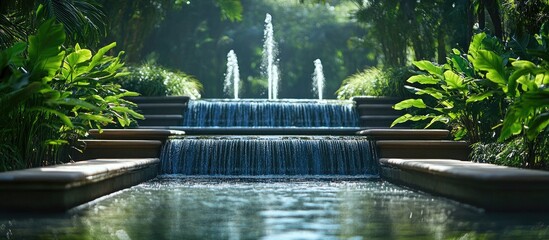 Poster - Serene artificial fountain with flowing water surrounded by lush greenery and vibrant plants under soft, diffused sunlight in a tranquil setting