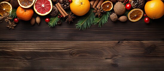 Poster - Festive arrangement of vibrant oranges, red grapefruit, and assorted nuts on a dark wooden surface with pine branches and cinnamon sticks.