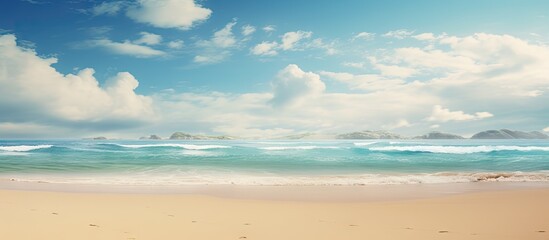 Aufkleber - Tranquil sandy beach with gentle waves under a bright sky filled with fluffy clouds and a distant horizon ideal for vacation or relaxation themes