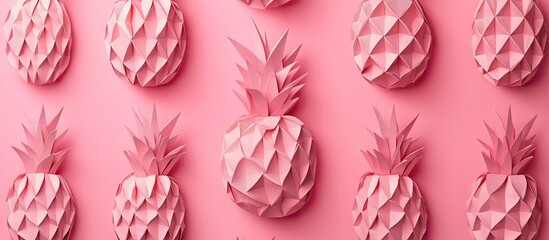 Poster - Colorful origami pineapples arranged in a geometric pattern on a soft pink background showcasing vibrant hues and artistic craftsmanship.