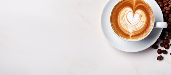 Poster - Latte art in a white coffee cup with heart shapes, surrounded by coffee beans on the right, offering ample clean copy space on the left.
