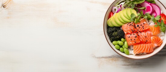 Poster - Fresh colorful sushi bowl with salmon slices, avocado, greens, and vegetables on rustic white wooden background, emphasizing vibrant colors and textures.