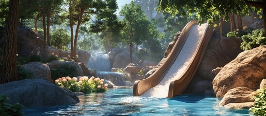 Aufkleber - Tranquil water slide nestled in lush greenery with soft sunlight cascading, creating a serene scene of joy and relaxation by the clear blue water.