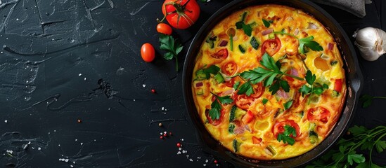 Aufkleber - Colorful Turkish Menemen omelet featuring red tomatoes and green peppers in a black skillet on a dark textured surface with copy space on top