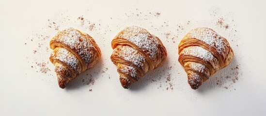 Poster - Three golden croissants dusted with powdered sugar arranged in a row on a light background, complemented by scattered sugar creating a delightful display.