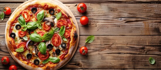 Poster - Delicious pizza topped with tomatoes, mushrooms, black olives, and fresh basil on a wooden table with ample space for text on the right side