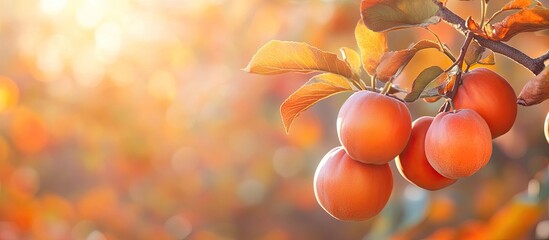 Leinwandbilder - Ripe persimmons hanging from branches with vibrant orange and yellow leaves in soft golden sunlight creating a warm autumn atmosphere.