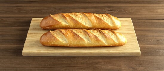 Poster - Golden-brown baguettes resting on a rustic wooden board with a smooth surface captured from above creating a warm bakery atmosphere
