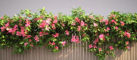 Poster - Tropical flowering shrub adorned with vibrant pink blossoms cascading over a wooden fence with lush green leaves against a light gray background