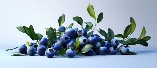 Poster - Fresh blueberries with green leaves arranged in a clustered composition on a soft blue gradient background creating a visually appealing aesthetic