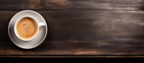 Aufkleber - Top view of a white coffee cup on a dark vintage wooden background with ample copy space for text and a chalkboard menu on the side
