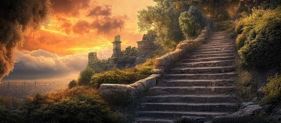 Aufkleber - Serene pathway ascending through lush greenery leading to ancient ruins under a dramatic sunset sky blending orange and purple hues.