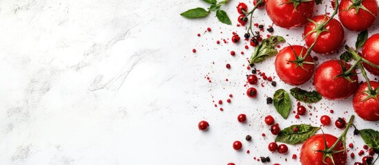 Poster - Fresh red tomatoes arranged on a white marble surface with scattered herbs and spices providing a vibrant healthy food composition