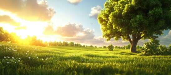 Poster - Lush green grass landscape featuring a solitary tree with vibrant sunset light illuminating the scene under a bright blue sky and distant mountains