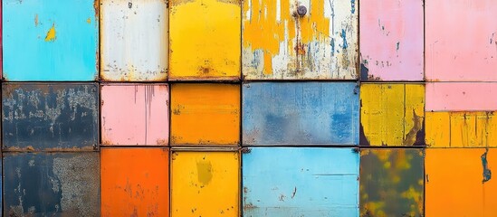 Aufkleber - Colorful abstract background featuring a grid of weathered wooden boxes in shades of blue, pink, orange, and yellow arranged in an organized pattern.