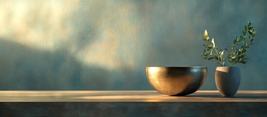 Poster - Serene composition of a bronze Tibetan singing bowl and a minimalist vase with greenery on a light wooden surface against a soft blue-green backdrop