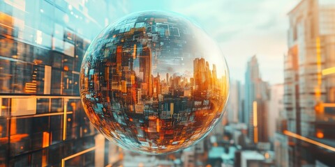 Poster - Future City in a Sphere: A futuristic cityscape, reflected within a transparent sphere. The image captures a sense of technological advancement.