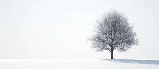 Aufkleber - Lonely bare tree against a bright white background with soft shadows creating depth in snowy landscape showcasing tranquility and minimalism.