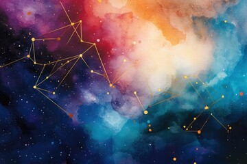 Poster - Celestial Network: A watercolor-style depiction of a vibrant galaxy, interlaced with interconnected constellations, evoking a sense of cosmic wonder and infinite possibilities. 