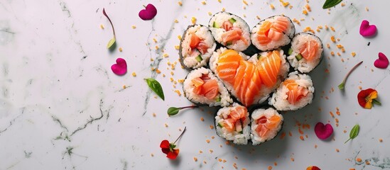 Poster - Heart-shaped sushi rolls with salmon and rice arranged on a marble surface surrounded by pink flower petals and scattered toppings with top view composition