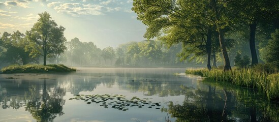 Poster - Peaceful lake scene with lush green trees on the left and misty water reflections on the right under a soft cloudy sky at dawn