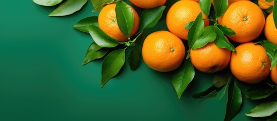 Poster - Fresh ripe mandarins with vibrant orange peel and lush green leaves arranged on a rich green background offering ample space for copy.