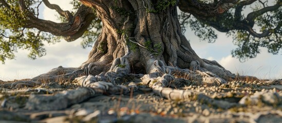 Fototapete - Aged brown tree trunk with prominent sturdy roots sprawling across rocky ground, bathed in soft natural light and contrasting green foliage above.