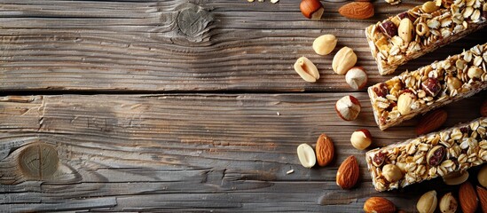 Poster - Healthy muesli bars with nuts and seeds arranged on rustic wooden table with scattered nuts and ample copy space on the left side