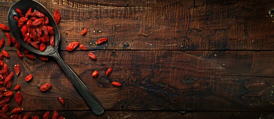 Poster - Top view of a rustic wooden table featuring a black spoon with dried red goji berries scattered on the left side against dark brown wood.