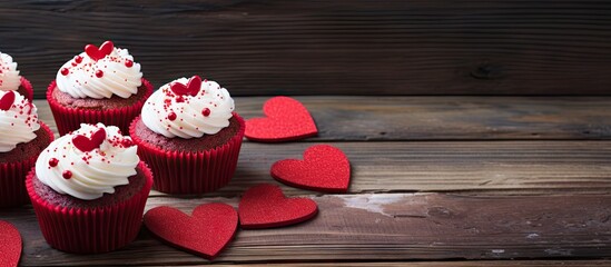Poster - Red velvet cupcakes with white frosting topped with heart-shaped sprinkles arranged on a rustic wooden surface with scattered red hearts.