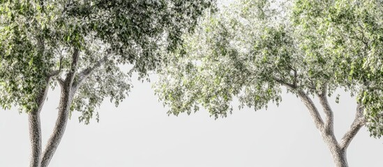 Leinwandbilder - Lush green trees with textured foliage creating a natural canopy effect on a light white background, positioned symmetrically left and right.