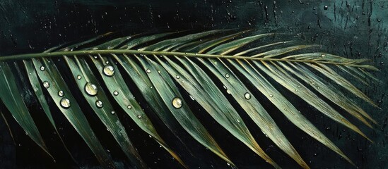 Poster - Tranquil palm leaf with raindrops against a dark background highlighting deep green hues and capturing serene ambiance in twilight light.