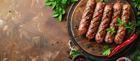 Poster - Top down view of grilled sujuk sausage on a dark wooden board garnished with fresh herbs and red chili pepper against a textured brown backdrop