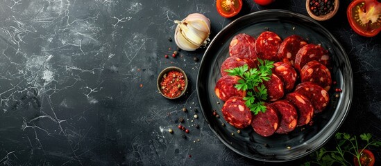 Poster - Top view of sliced Polish smoked sausage arranged on a dark slate plate with fresh herbs and spices on a textured black background