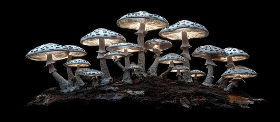 Poster - Illuminated cluster of toxic mushrooms with white caps and dark stems on a black background, showcasing intricate textures and organic shapes.