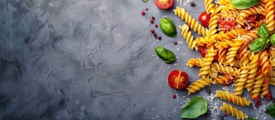 Poster - Colorful spiral pasta with fresh basil and cherry tomatoes arranged on a gray textured surface with space for text on the left side