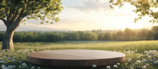 Aufkleber - Wooden podium on grass field with sunlight, surrounded by trees and flowers, ideal for product display in a serene farm setting.