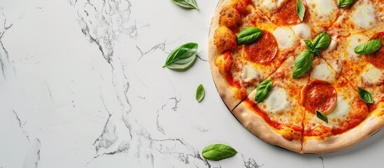 Poster - Top view of a delicious Margherita pizza with fresh basil on a white marble background featuring ample negative space for text placement