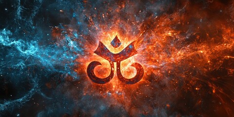 Poster - fire and ice emblem: an emblem, central to a cosmic battle between fire and ice, radiates with power