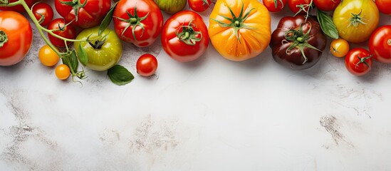 Poster - Colorful assortment of heirloom tomatoes in various shades of red, yellow, green, and orange arranged on a light grey concrete background.