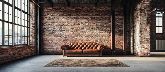 Poster - Cozy interior scene featuring a vintage brown leather couch on a warm-toned brick wall backdrop with large windows illuminating the space