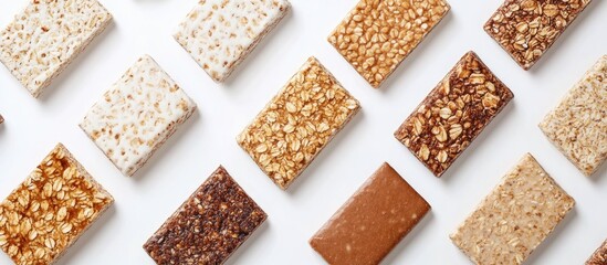 Poster - Assorted granola and protein bars in various textures and colors arranged in a grid on a white background showcasing a healthy snack selection.
