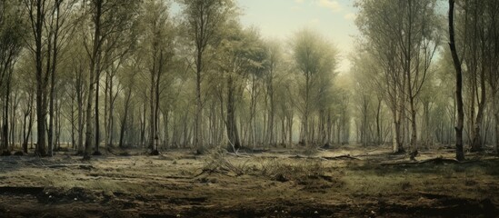 Leinwandbilder - Expansive view of a serene poplar tree woodland with soft green hues and tall trees, creating ample space in a tranquil natural setting.
