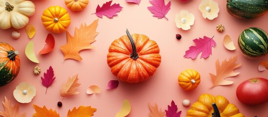Poster - Autumn harvest composition with orange pumpkin centered on pink background surrounded by colorful leaves and small gourds in yellow and green.