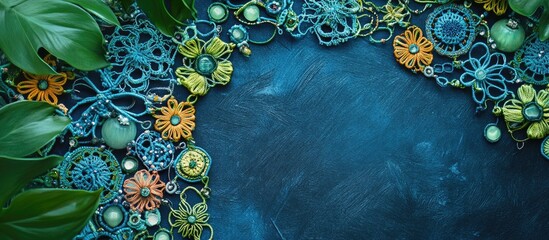 Leinwandbilder - Colorful handmade jewelry designs featuring tatting techniques arranged on a dark blue background surrounded by green leaves and floral motifs.