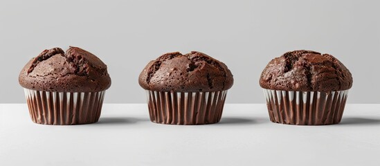 Aufkleber - Three indulgent chocolate muffins arranged on a minimalist light gray background, showcasing rich brown textures with ample copy space for marketing.