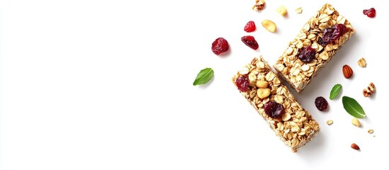 Poster - Granola energy bars topped with dried cranberries and mixed nuts arranged on a white background, featuring green leaves and scattered nuts.