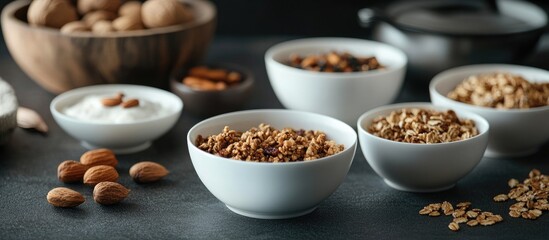 Poster - Breakfast spread featuring varied granola and nut bowls, warm earthy tones, white bowls positioned centrally, with almonds scattered around.