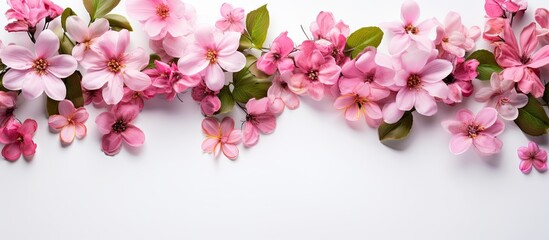 Fototapete - Delicate pink flowers and lush green leaves arranged in a horizontal layout on a bright white background with ample space for text insertion